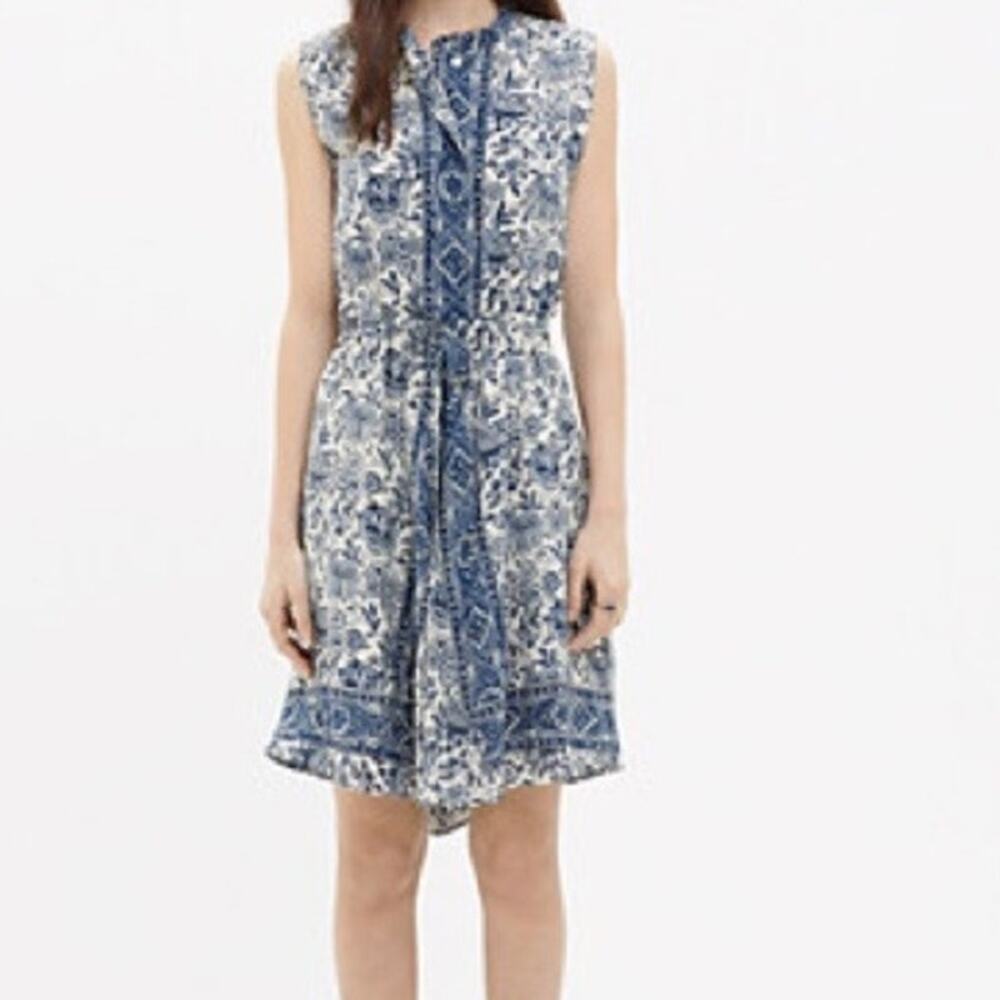 Madewell Shirt Dress Women's Small Cream Blue Floral Sleeveless Round Neck